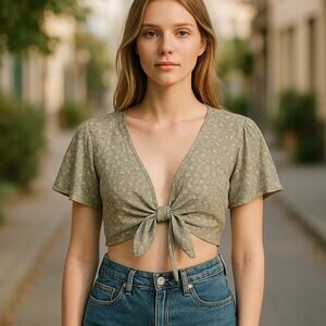 Lulus Womens Green Cream Floral Pattern Tie Front Short Sleeve Cropped Top Sz XS